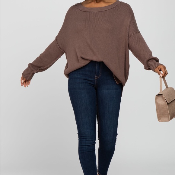 PinkBlush Brown Exposed Seam Side Slit Maternity Sweater - Picture 4 of 5